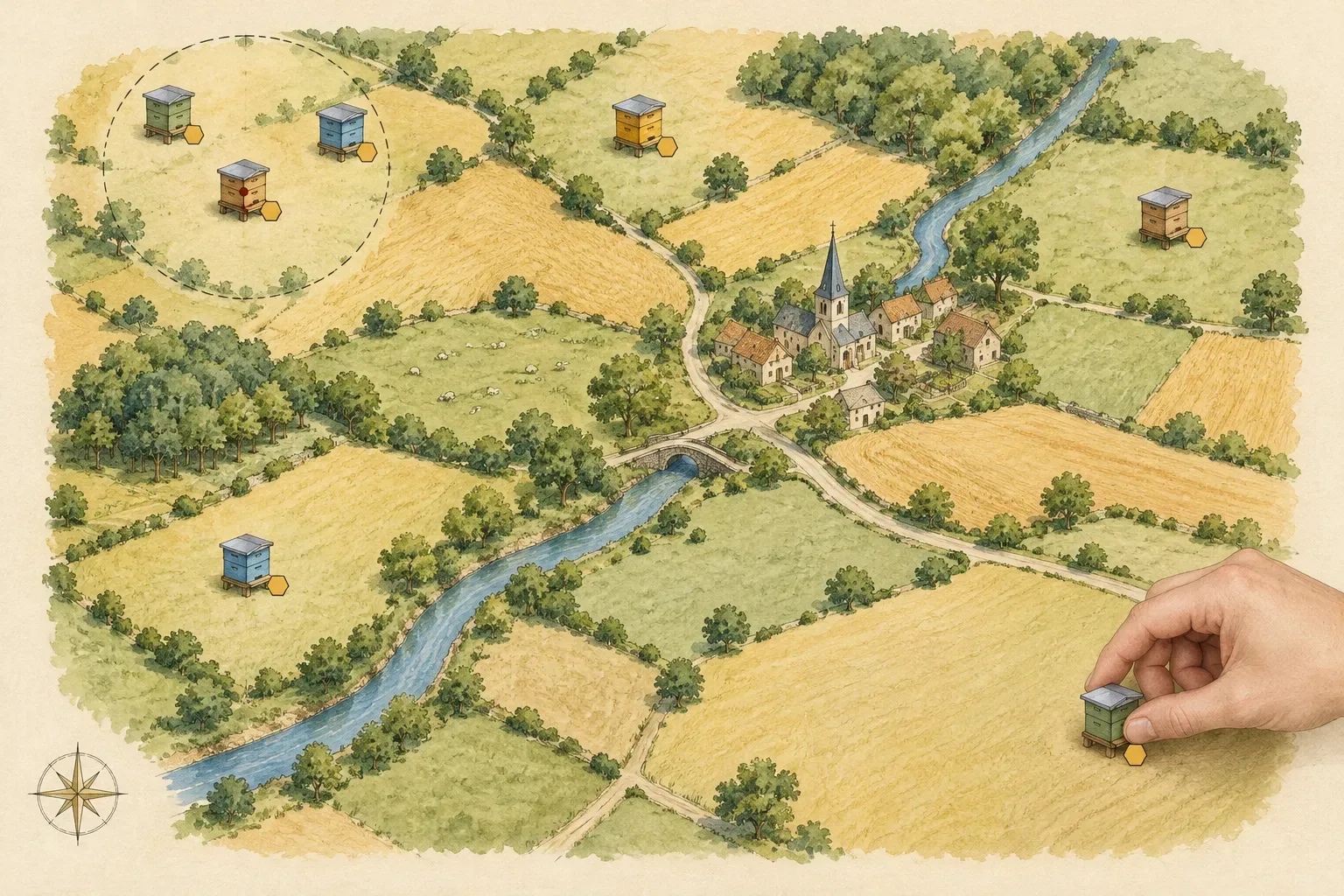 Une carte de campagne où chaque rucher est marqué d'une petite ruche